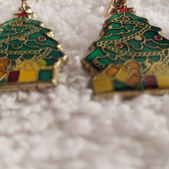 Vintage Decorated Christmas Tree Earrings Metal and Enamel - Picture 3 of 5